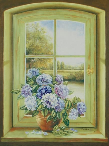 гортензия у окна - природа, цветы, окно, гортензия, букет - оригинал