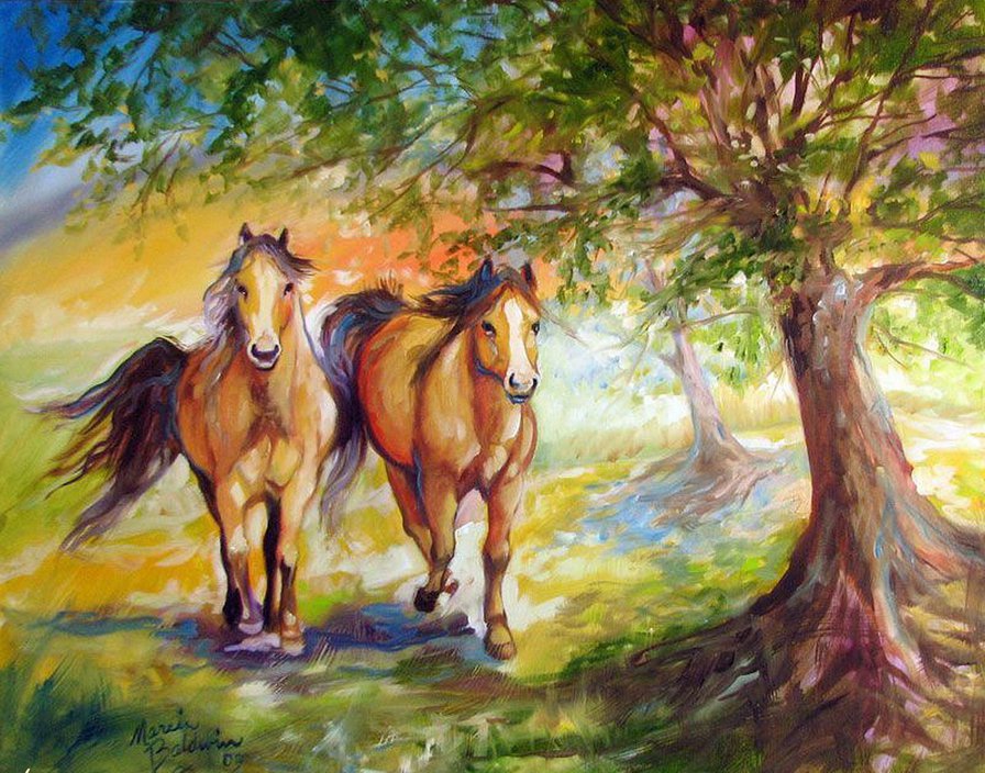 кони - картины, живопись, панно, домашние животные, подушка, лошадь - оригинал