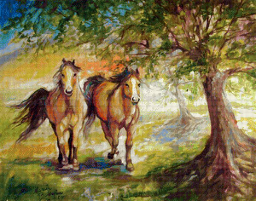 кони - домашние животные, подушка, картины, лошадь, панно, живопись - предпросмотр