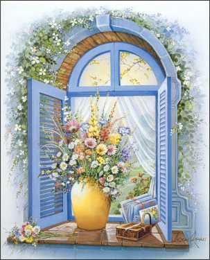 цветы у окна - городской пейзаж, букет, окно, цветы - оригинал