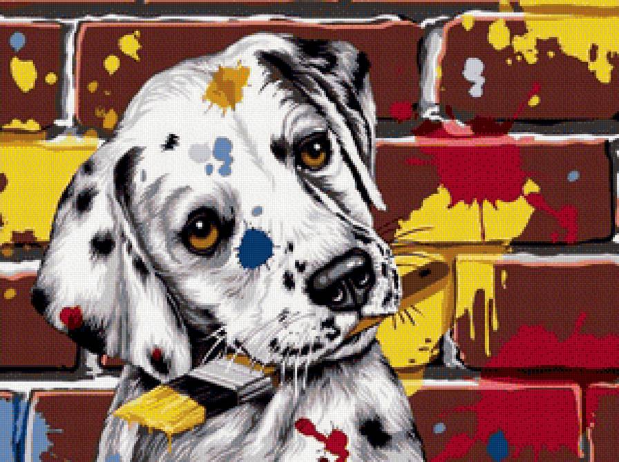 художник - щенок, краски, собака, кисти, цвета - предпросмотр