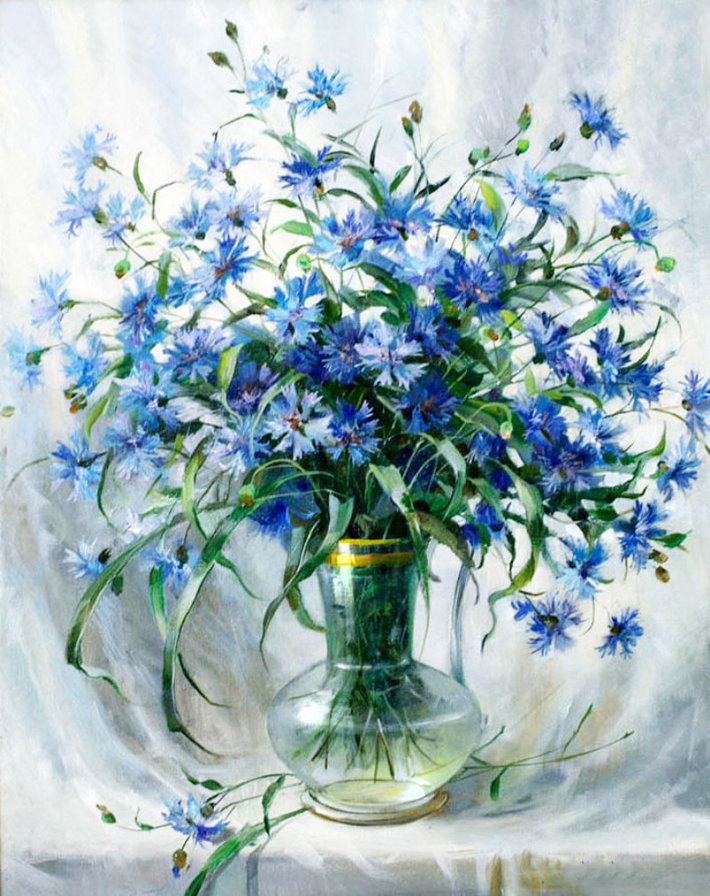 Васильковое лето - синие цветы, натюрморт, голубые цветы, полевые цветы, букет, васильки - оригинал