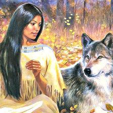 Оригинал схемы вышивки «девушка с волком» (№1220728)