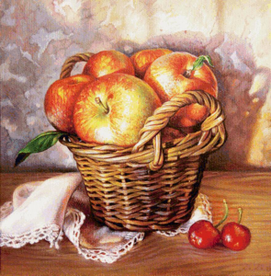 Лукошко с яблочками - для кухни, салфетка, фрукты, натюрморт, лукошко, вишня, яблоки, корзина - предпросмотр