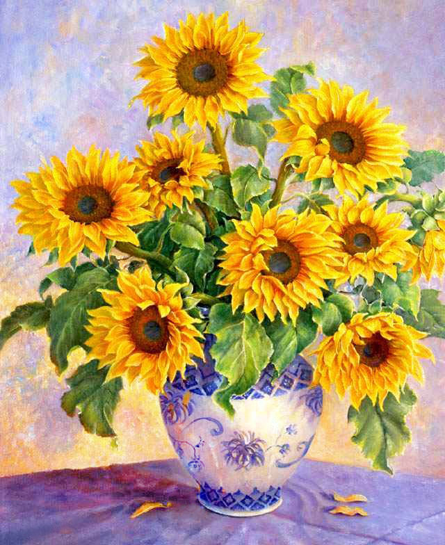 Солнечный букет - подсолнухи, цветы в вазе, живопись, букет, натюрморт, желтые цветы - оригинал