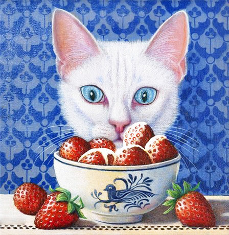 Клубничка со сливочками - натюрморт, домашний любимец, ягоды, кошки, клубника, для кухни, кот - оригинал