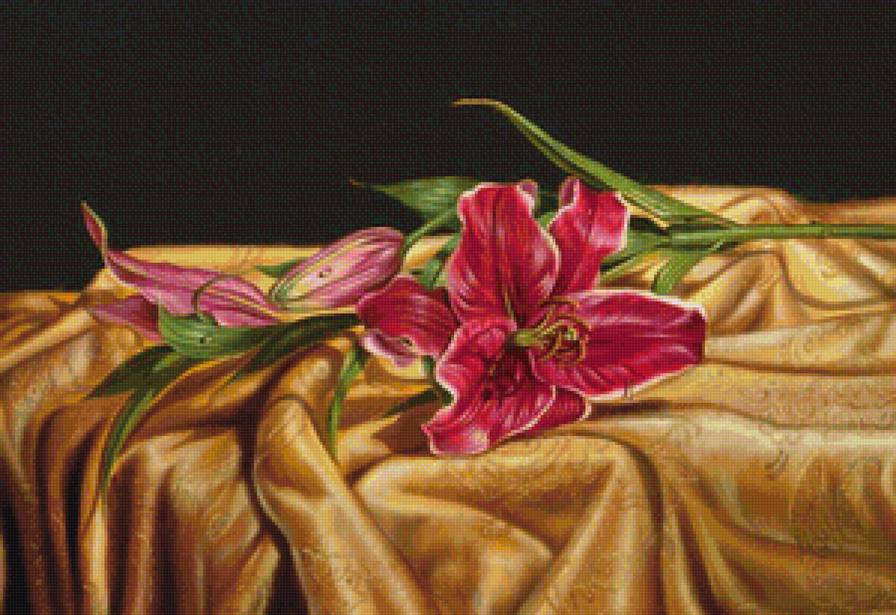 Лилия на шелке - красные цветы, лилия, лилии, шелк, натюрморт, цветы, розовые лилии - предпросмотр