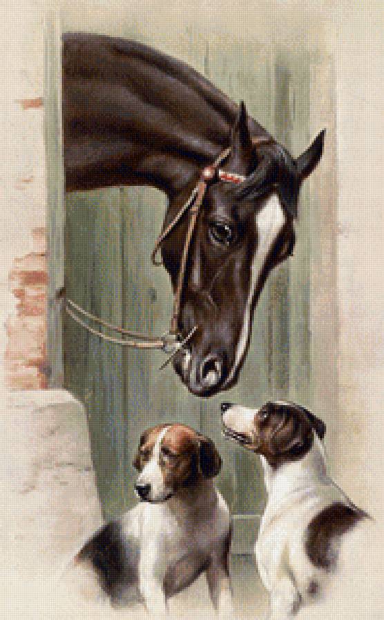 друзья - собаки, картина, лошади - предпросмотр