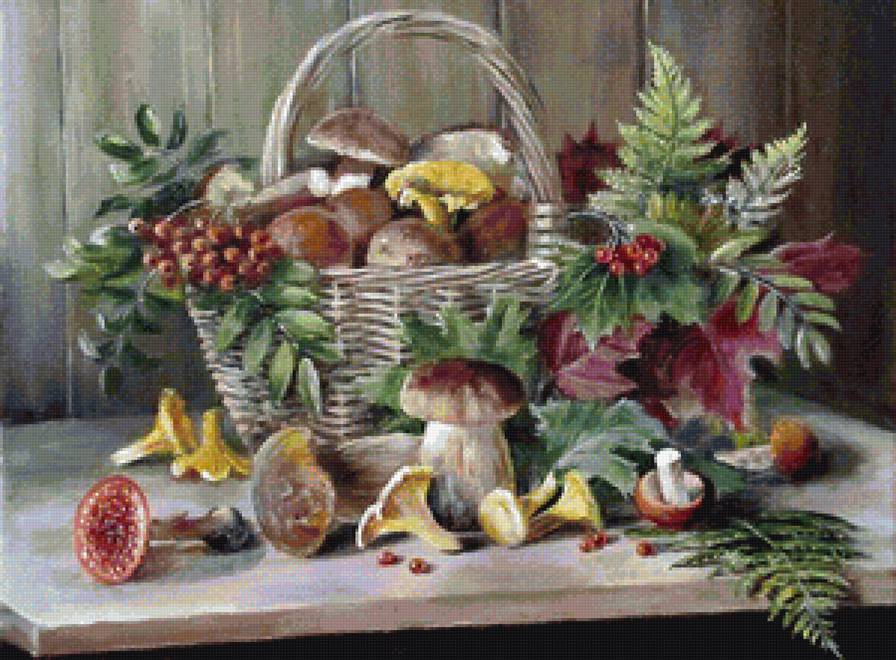 Грибное лукошко - осень, рябина, лукошко, грибы, гриб, корзинка, натюрморт, для кухни - предпросмотр
