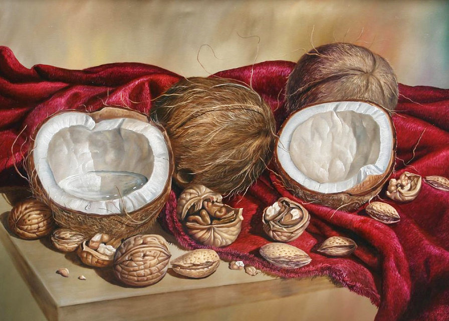 Ореховый натюрморт - кокосы, для кухни, орехи, грецкие орехи, миндаль, натюрморт, бархат - оригинал