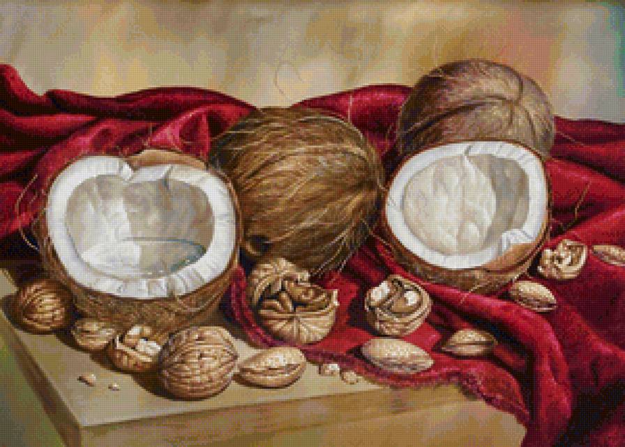 Ореховый натюрморт - грецкие орехи, для кухни, натюрморт, бархат, миндаль, орехи, кокосы - предпросмотр