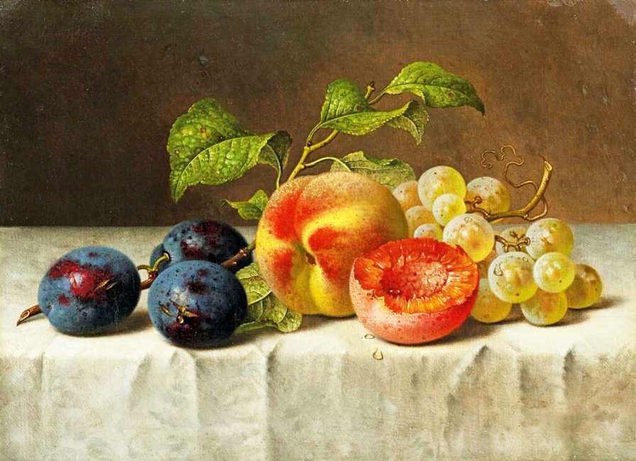 Фруктовый натюрморт - абрикосы, фрукты, виноград, персики, ягоды, натюрморт, сливы, для кухни - оригинал
