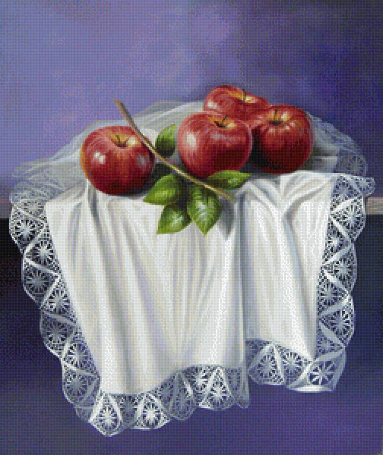 Натюрморт с яблоками - натюрморт, фрукты, листья, яблоки, для кухни, салфетка, скатерть, ажур - предпросмотр