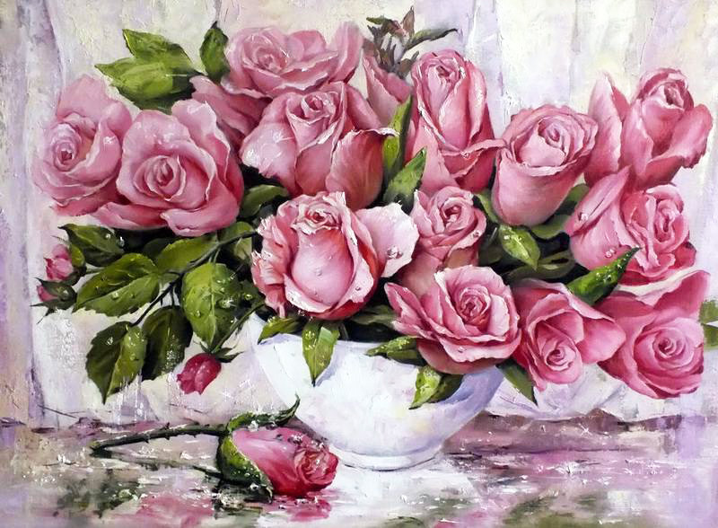 Розовые розы - цветы в вазе, розы, натюрморт, букет, розовые розы, розовые цветы - оригинал