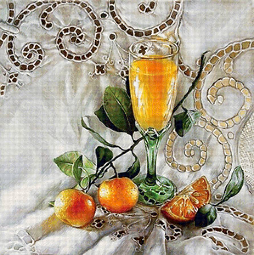 Мандариновый натюрморт - цитрусы, скатерть, мандарины, сок, фрукты, бокал, натюрморт, для кухни - предпросмотр