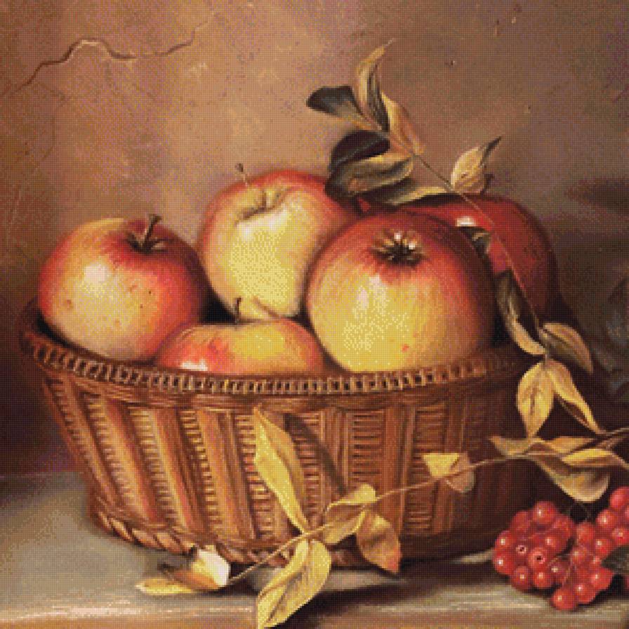 Натюрморт с яблочками и рябиной - рябина, лукошко, для кухни, яблоки, ягоды, фрукты, корзинка, натюрморт - предпросмотр