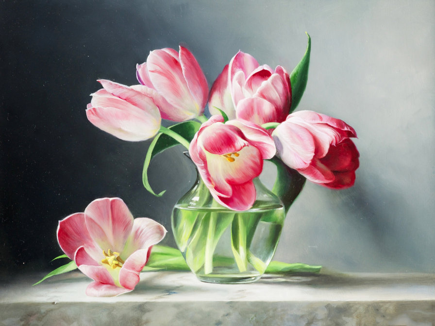 Весенний букет - розовые цветы, тюльпаны, букет, натюрморт, весенние цветы - оригинал