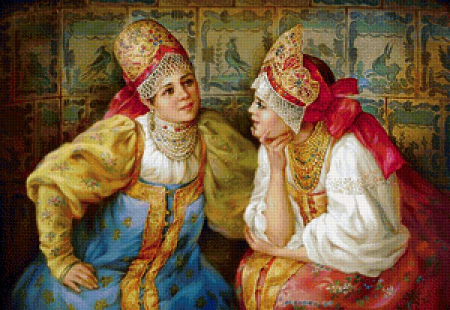 Русские красавицы - картина, федоскинская роспись - предпросмотр