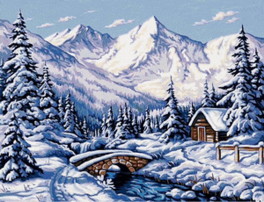 зимний пейзаж - дом, горы, зима, снег, природа - предпросмотр