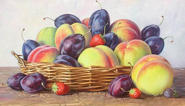 Фруктово-ягодный натюрморт - лукошко, ягоды, сливы, клубника, натюрморт, фрукты, персики, для кухни - оригинал