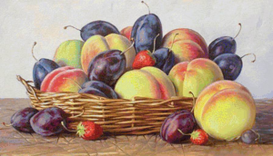 Фруктово-ягодный натюрморт - ягоды, клубника, фрукты, для кухни, натюрморт, сливы, лукошко, персики - предпросмотр
