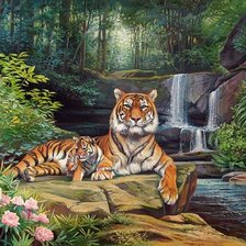 Оригинал схемы вышивки «тигры у водопада» (№1235943)