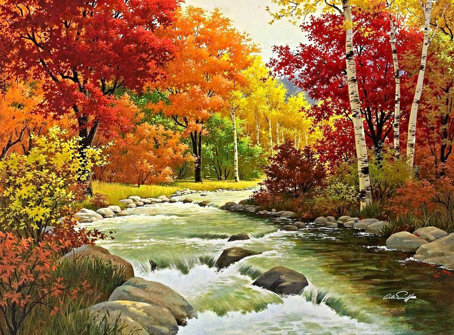 №1235945 - пейзаж, живопись, осень, река, лес, природа - оригинал