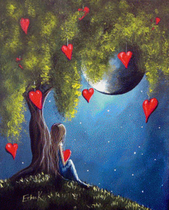 Девочка с сердцем - луна, картина, небо, девочка, сердце, дерево - предпросмотр