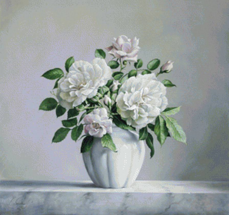 Белый натюрморт - букет, белые цветы, панно, розы, белые розы, натюрморт, цветы в вазе - предпросмотр