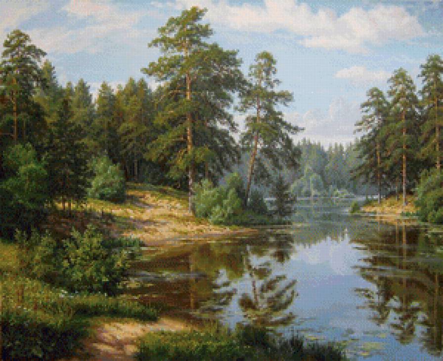 Виталий-Васильевич-Потапов "Озеро в сосновом лесу" - природа, дерево, озеро, пейзаж, сосна - предпросмотр