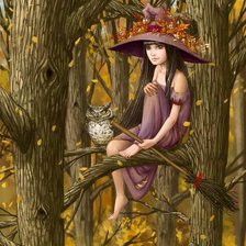 czarownica z sową na drzewie