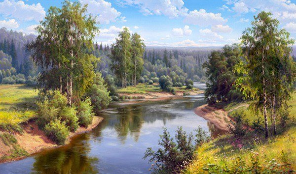 Родные просторы - река, лето, природа, пейзаж, лес, картина - оригинал