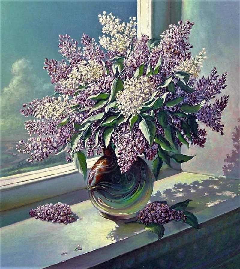 Худ. Сергей Панин - ваза, цветы, сирень, окно - оригинал