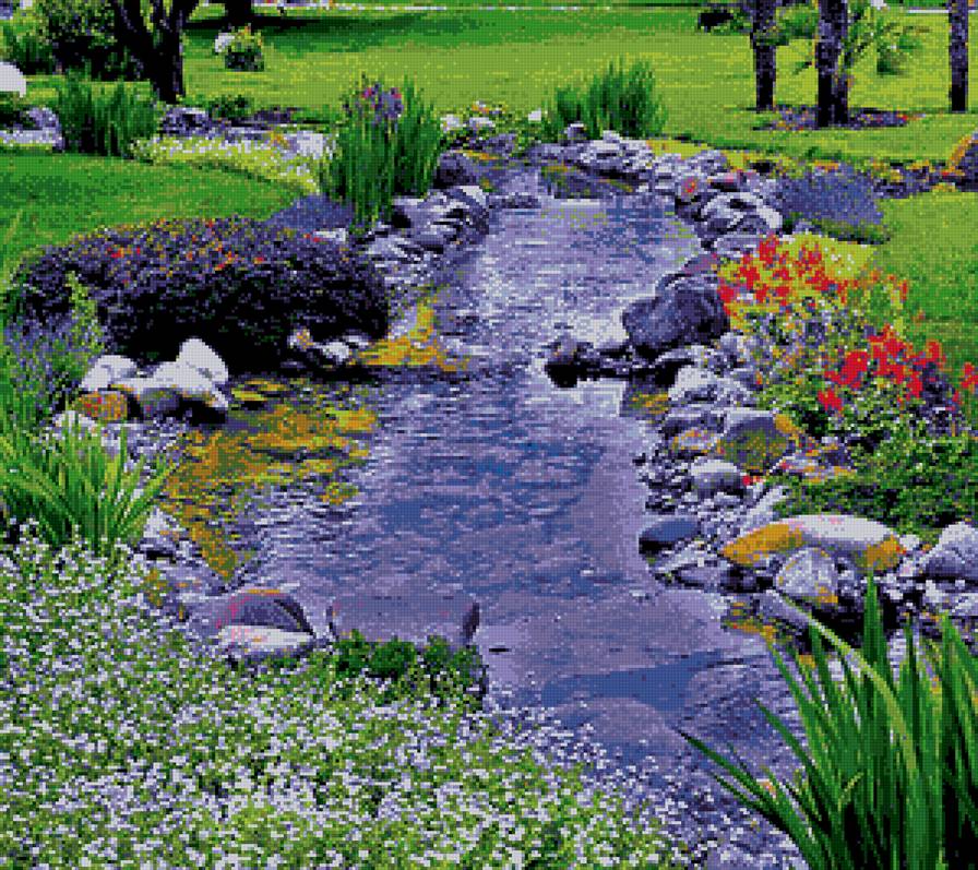 Ручей в саду - ручей, сад, природа, вода - предпросмотр