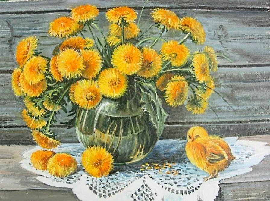 солнечные цветы - цыпленок, одуванчик, натюрморт, желтые цветы, одуванчики - оригинал