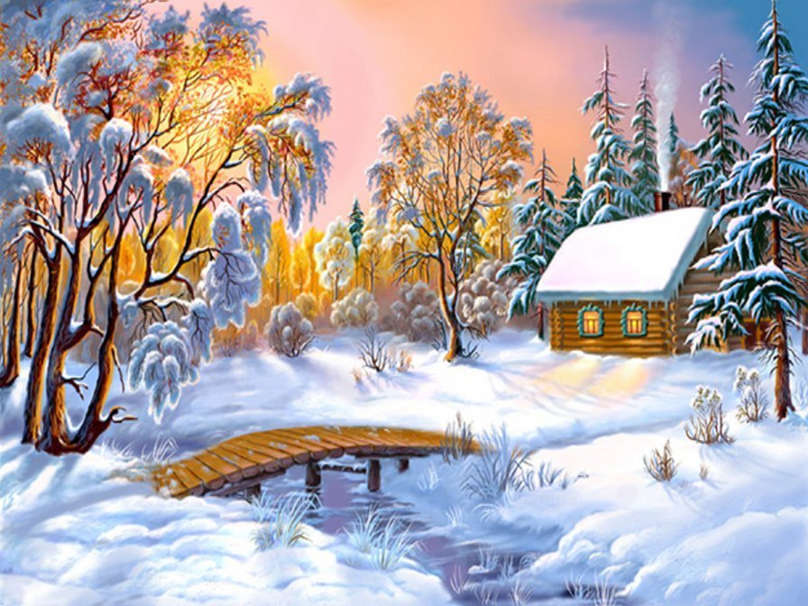 Зимняя сказка - дом, река, зима, природа - оригинал