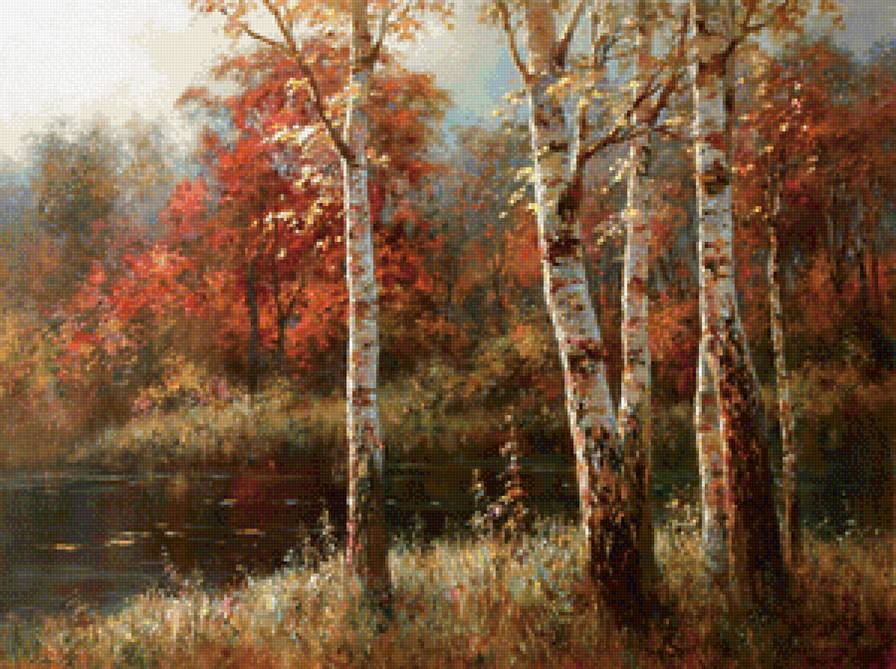 Осенний лес - пейзаж, река, деревья, осень, лес - предпросмотр