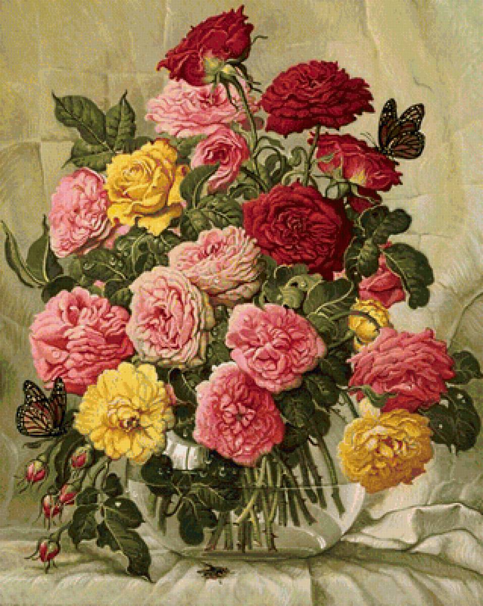 великолепный букет - красные цветы, розы, бабочки, букет, розовые цветы - предпросмотр