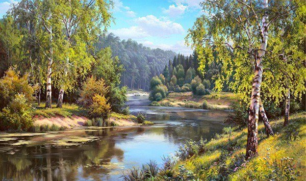 Родные просторы - картина, река, лес, лето, природа, пейзаж - оригинал