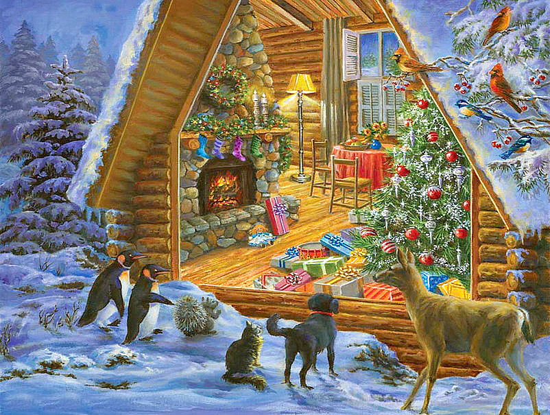 Сказка в дом приходит... - дом. новый год. зима. елка. животные - оригинал