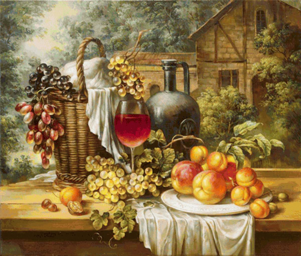 Дары сада - вино, для кухни, натюрморт, виноград, абрикосы, фрукты, персики, ягоды - предпросмотр