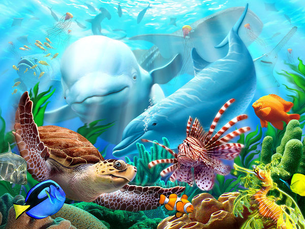 подводный мир - черепаха, дельфины, рабы, подводный мир - оригинал