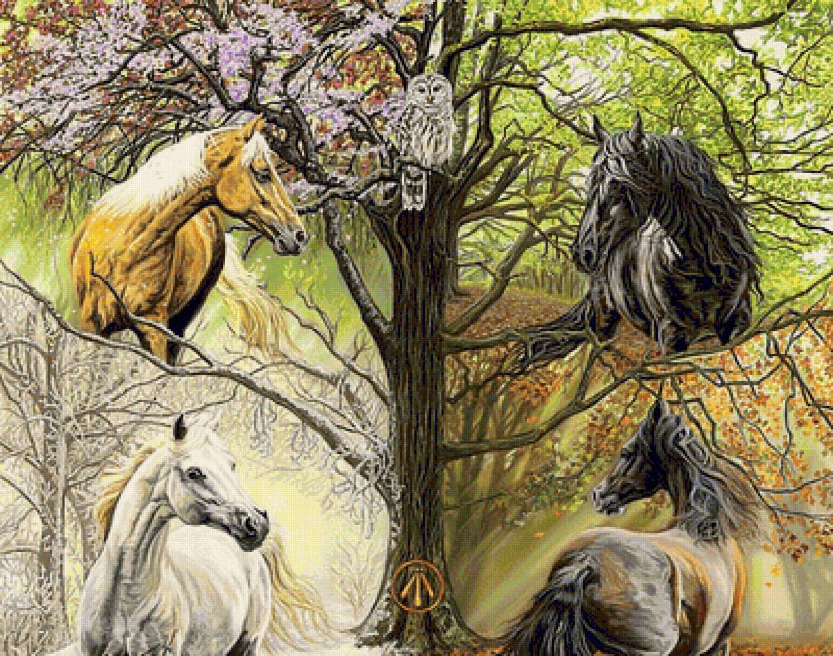 времена года - кони, зима, времена года, лето, домашние животные, лошади, весна, осень - предпросмотр
