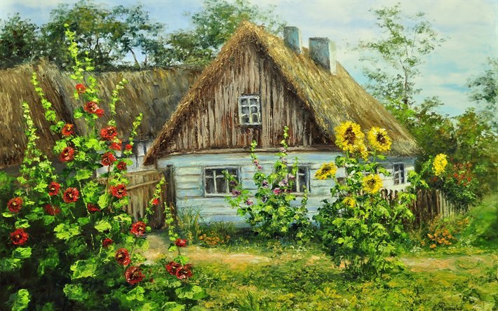 Серия "Милый дом" - весна, деревня, домик, мальвы - оригинал