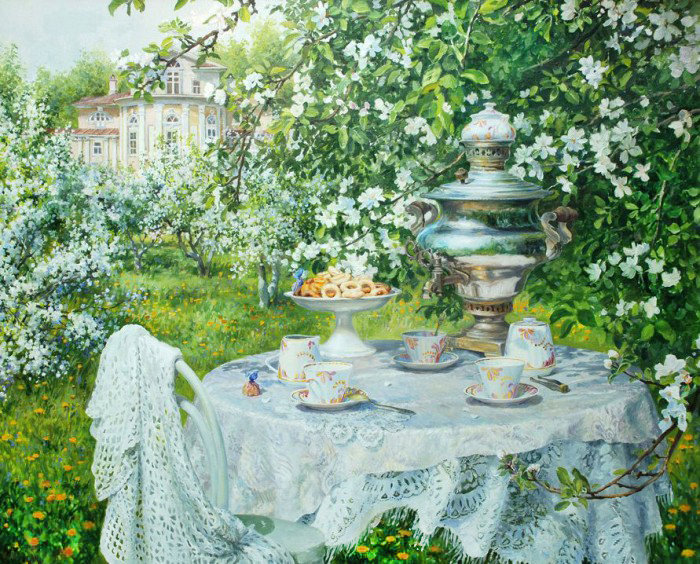 Чаепитие в весеннем саду - цветущий сад, весенний сад, весна, самовар, весенний пейзаж, чаепитие - оригинал