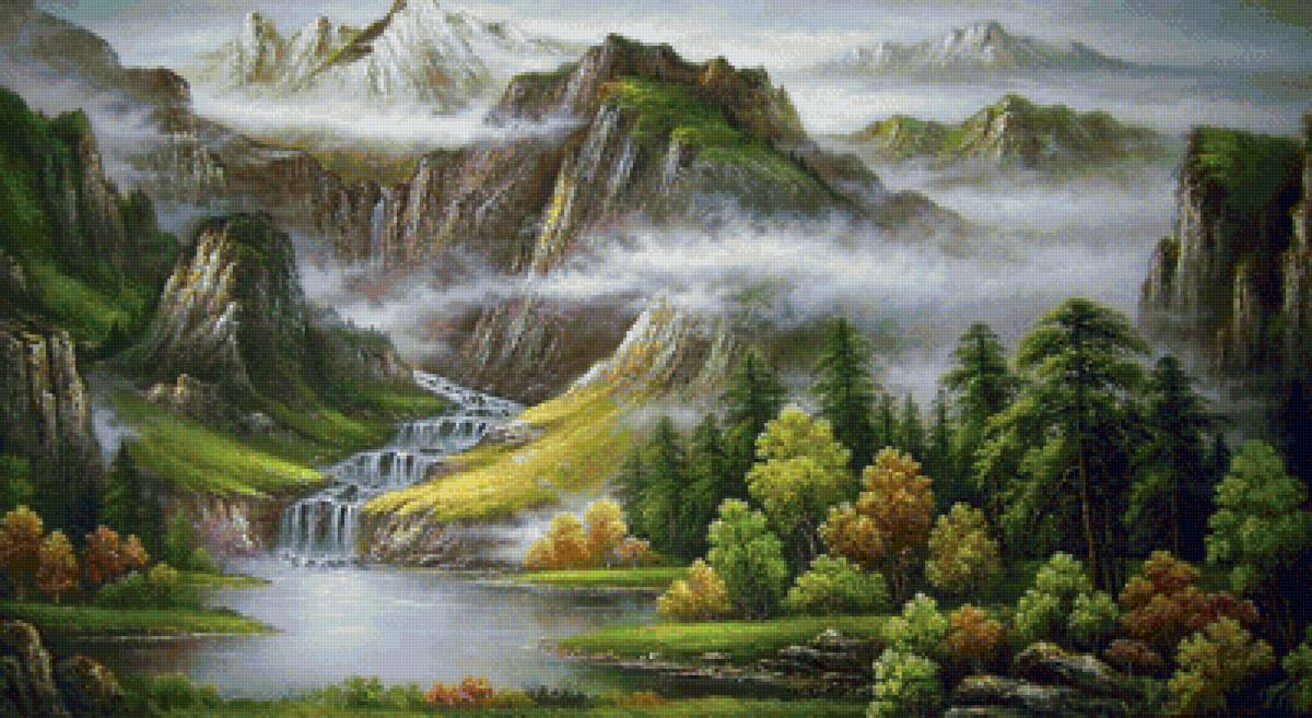 горный пейзаж - осень, лето, горы, лес, озеро, туман, водопад, пейзаж - предпросмотр