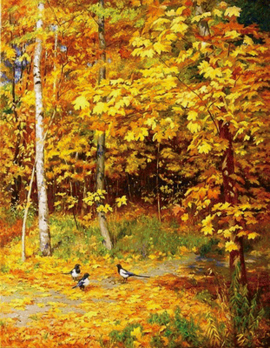 Золотая осень в лесу - пейзаж, природа, лес, осень, картина - предпросмотр
