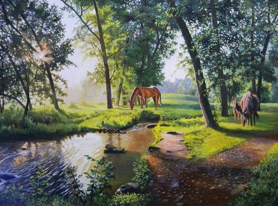 Лошади у ручья - ручей, картина, природа, лес, пейзаж, лето, лошади - оригинал