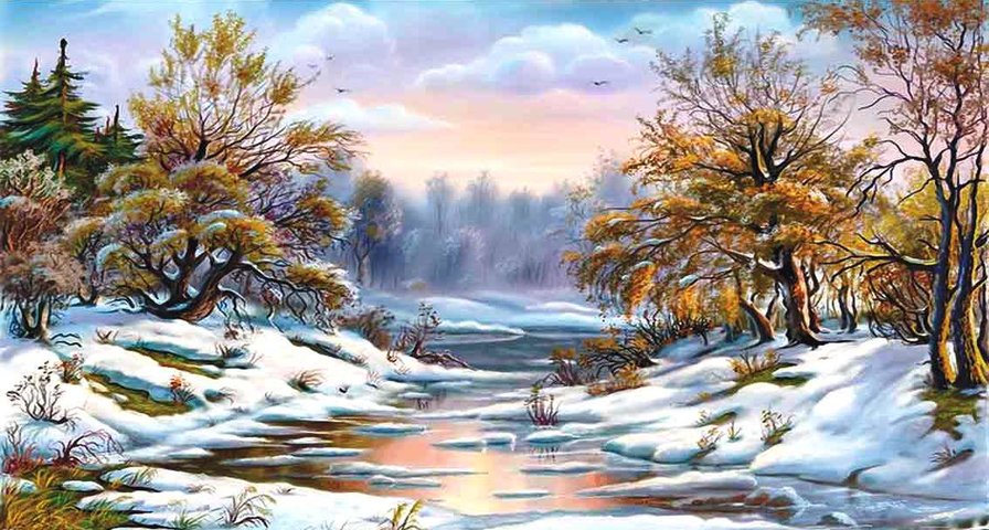 Серия "Зима пришла" - речка, снег, лес, зима - оригинал
