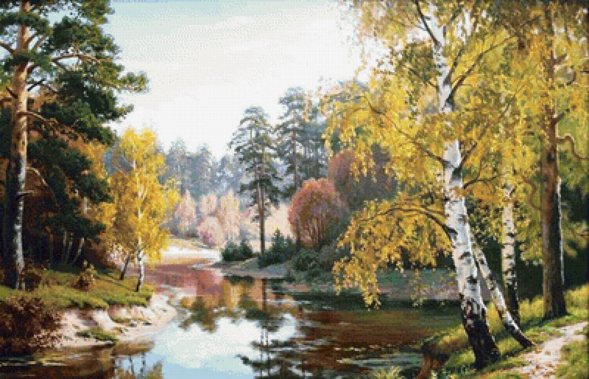Осенний лес - река, осень, березы, сосны - предпросмотр